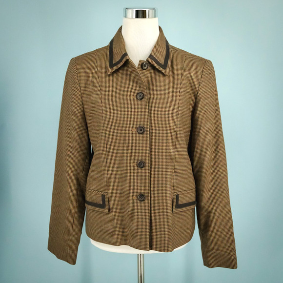 Pendleton Size 10 Tan Brown Plaid Leather Trim Button Virgin Wool Blazer Jacket - Picture 1 of 7